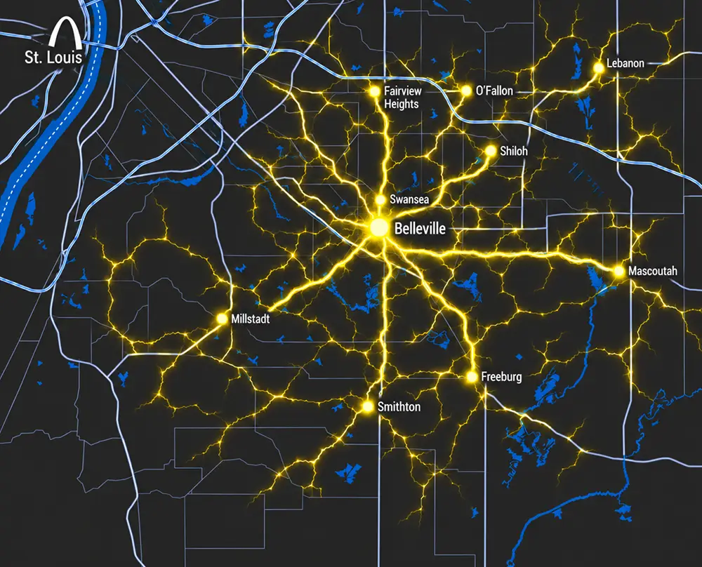 A-Age Electrical Contractors, Inc Service Map for residential electrical services, electrical panel upgrades, generators, electrical wiring, commercial and industrial electrical work, and solar projects