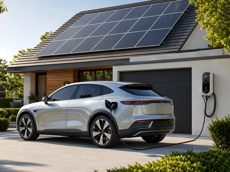A-Age Electrical Contractors EV charging installation at a home with an electric vehicle and rooftop solar panels.