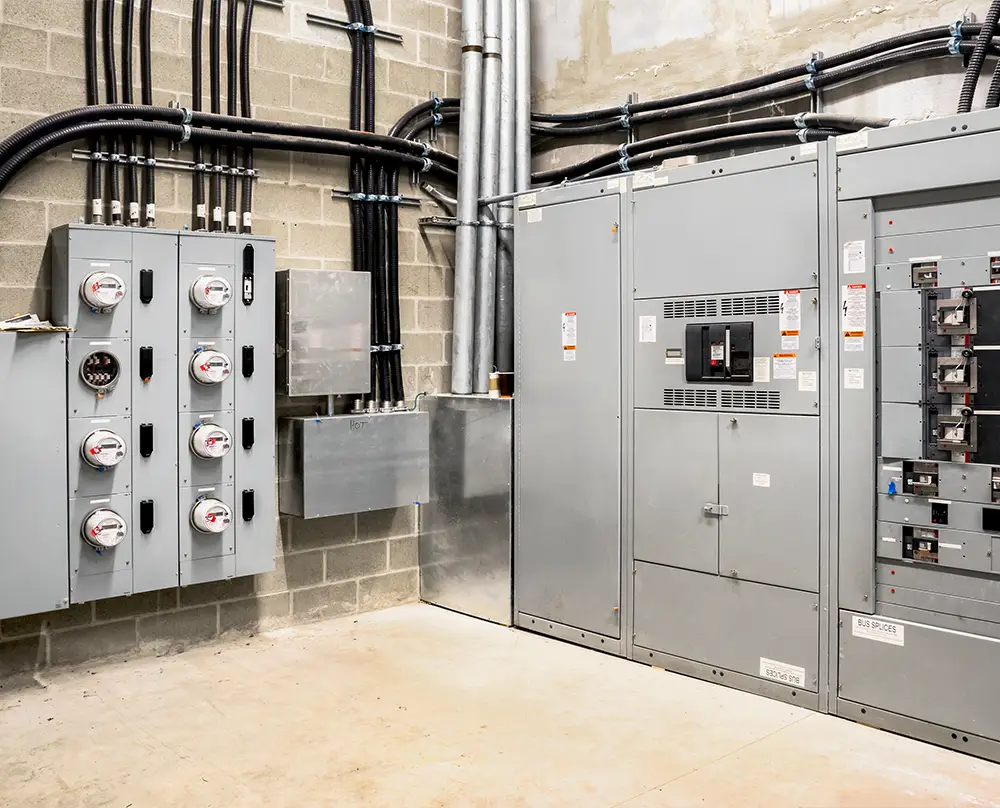 Commercial electrical switchgear, utility meters, and conduit in an electrical room in Belleville, IL and the Metro East.