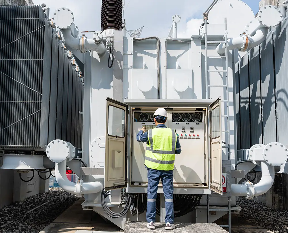 Technician wearing a hard hat and safety vest inspecting an industrial transformer control cabinet in Belleville, IL and the Metro East.