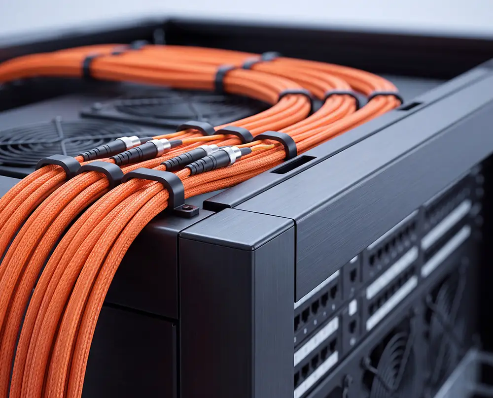 Orange communication cables neatly secured across the top of a server rack in Belleville, IL and the Metro East.