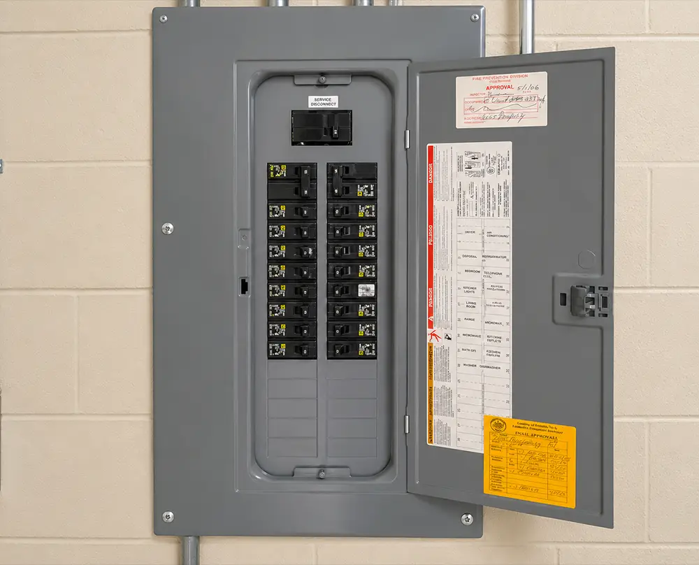 Electrical panel in Belleville, IL with an open door showing circuit breakers and a labeled circuit directory.