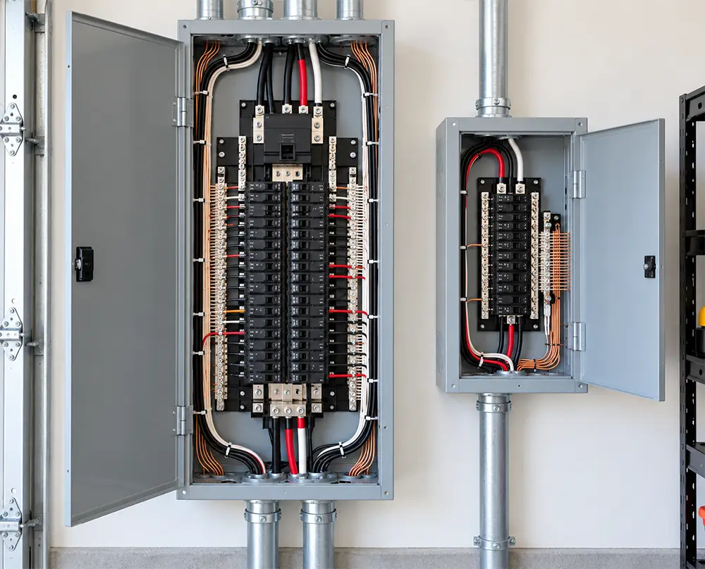 Main electrical panel and smaller subpanel in Belleville, IL with open doors showing circuit breakers and neatly arranged wiring.