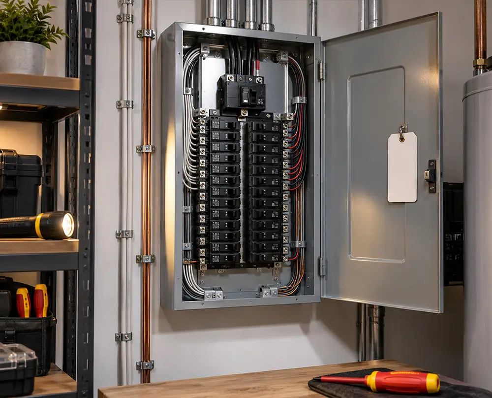 Open electrical panel in Belleville, IL with two rows of circuit breakers and organized wiring above a workbench.