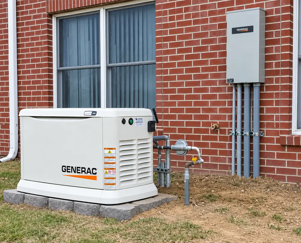 Generac standby generator with a wall-mounted transfer switch beside a brick home in Belleville, IL.