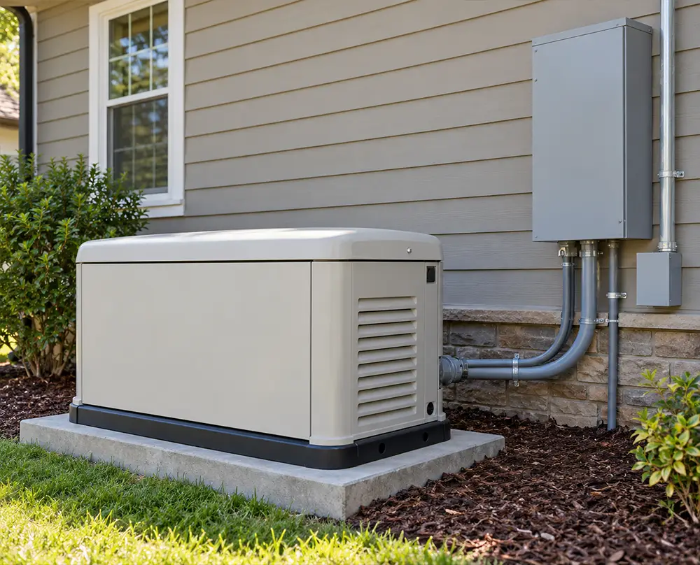 Standby generator connected to a wall-mounted transfer switch outside a home in Belleville, IL.